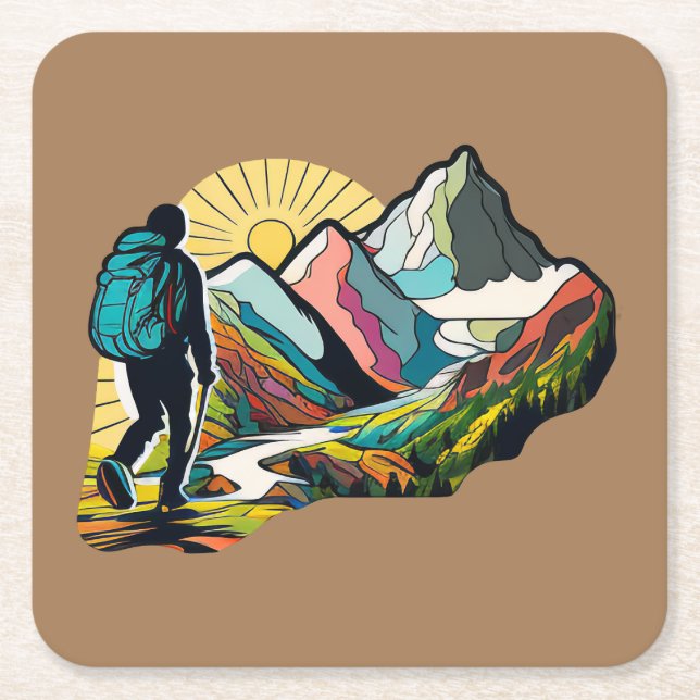A hiker walking down a mountain path square paper coaster (Front)