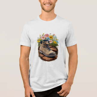 A hiking boot stepping on a rugged trail Tri-Blend shirt