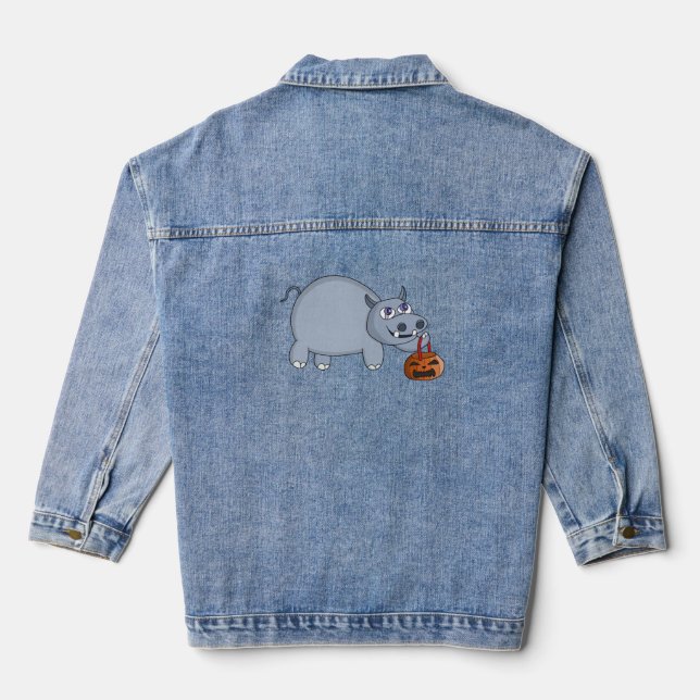 A Hippo with a Pumpkin Bag Denim Jacket (Back)