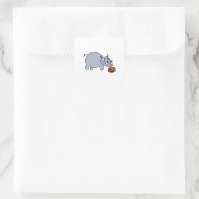 A Hippo with a Pumpkin Bag Square Sticker (Bag)