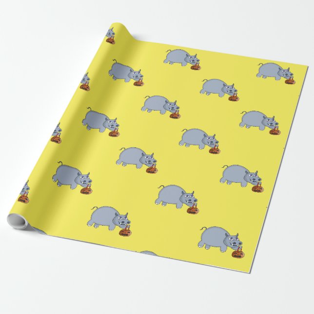 A Hippo with a Pumpkin Bag Wrapping Paper (Unrolled)