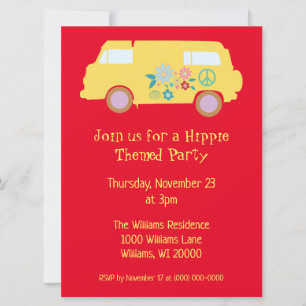 A hippy party red and yellow invitation