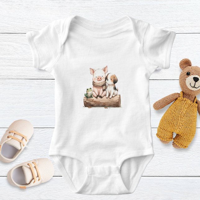 A Hog, Frog, & Dog on a Log! Cute Baby Animals  Baby Bodysuit (Creator Uploaded)