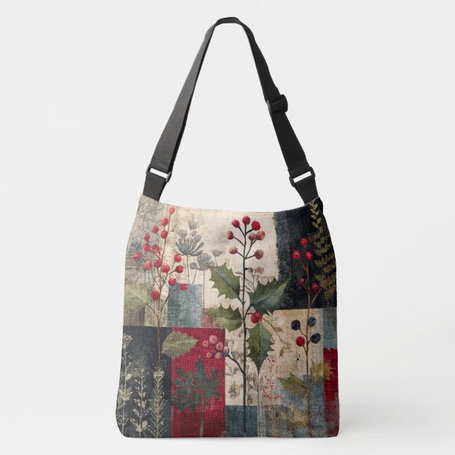 A Holly Berry Rustic Winter Patchwork Crossbody Bag (Front)