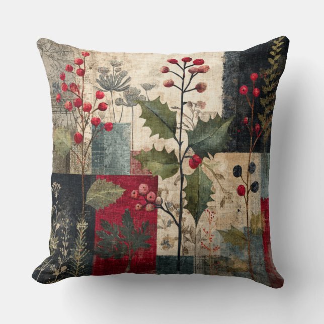 A Holly Berry Rustic Winter Patchwork Cushion (Front)