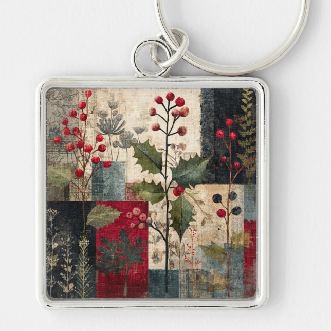 A Holly Berry Rustic Winter Patchwork Key Ring (Front)