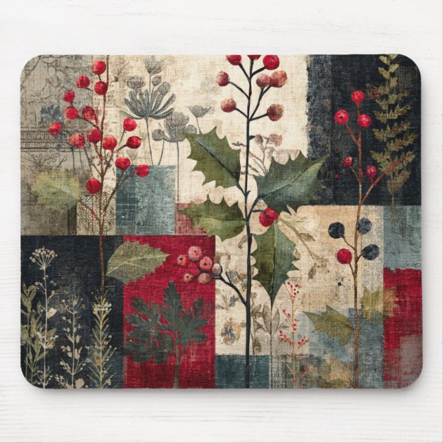 A Holly Berry Rustic Winter Patchwork Mouse Pad (Front)