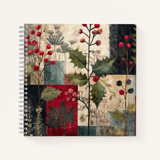 A Holly Berry Rustic Winter Patchwork Notebook (Front)