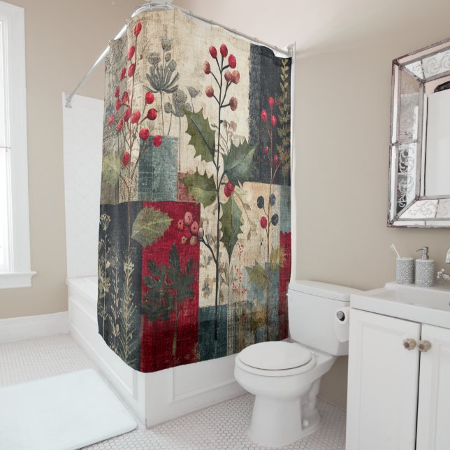 A Holly Berry Rustic Winter Patchwork Shower Curtain (In Situ)