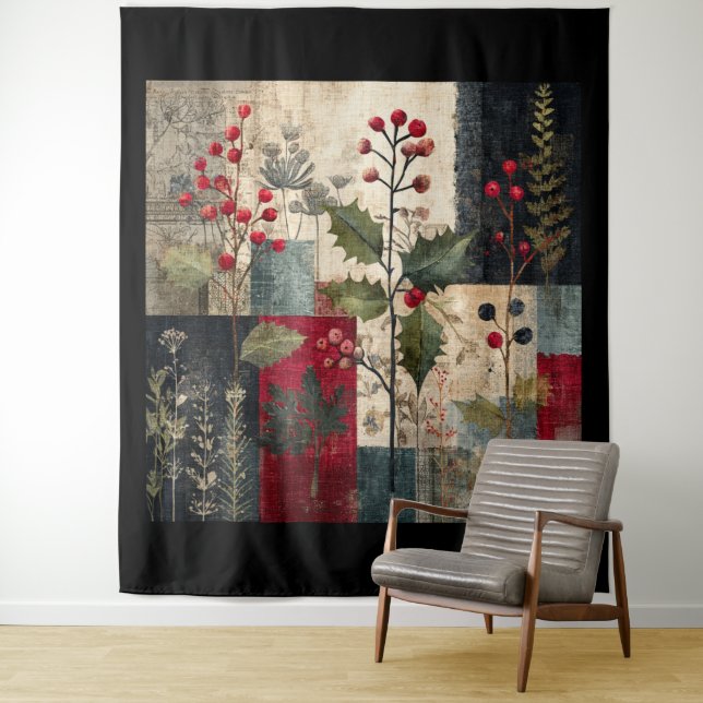 A Holly Berry Rustic Winter Patchwork Tapestry (In Situ)