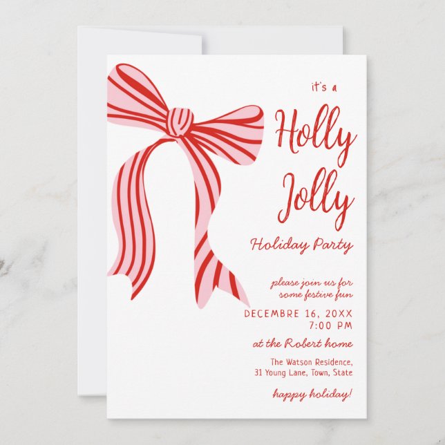 A holly jolly Pink Red Coquette Bow christmas  Invitation (Front)