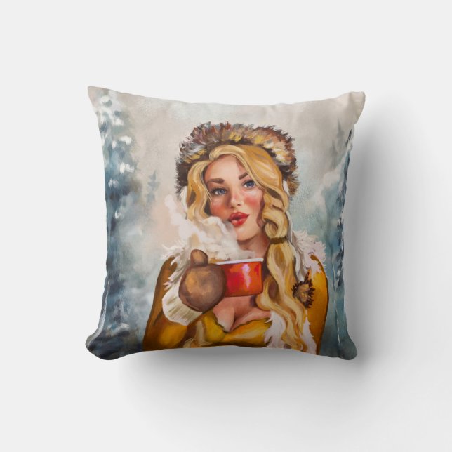 "A Hot Drink On A Cold Winter's Day" Cute Pinup Cushion (Front)