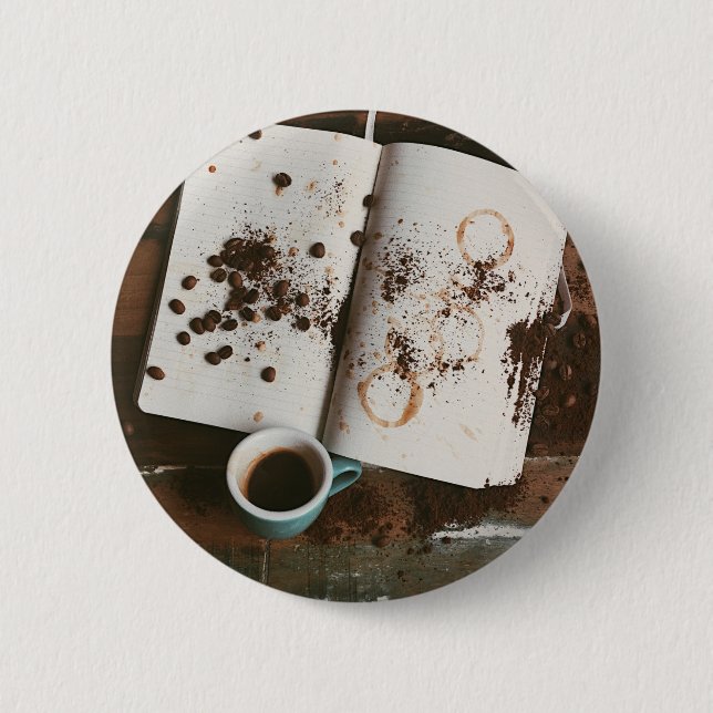 A Hot Mess Coffee with Stained Book and Beans 6 Cm Round Badge (Front)
