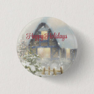  A house with a Christmas tree and a fence  3 Cm Round Badge