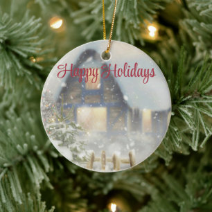 A house with a Christmas tree and a fence Ceramic Ornament
