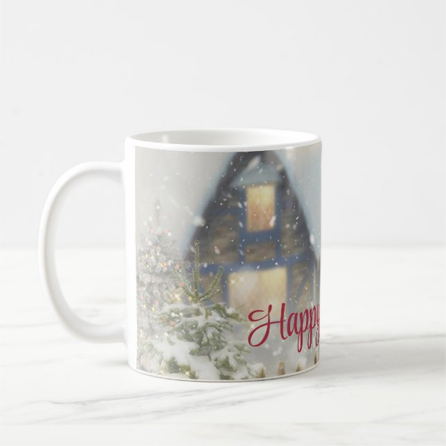  A house with a Christmas tree and a fence  Coffee Mug (Left)