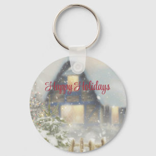 A house with a Christmas tree and a fence Key Ring