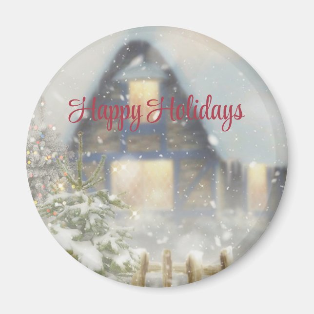  A house with a Christmas tree and a fence Magnet (Front)
