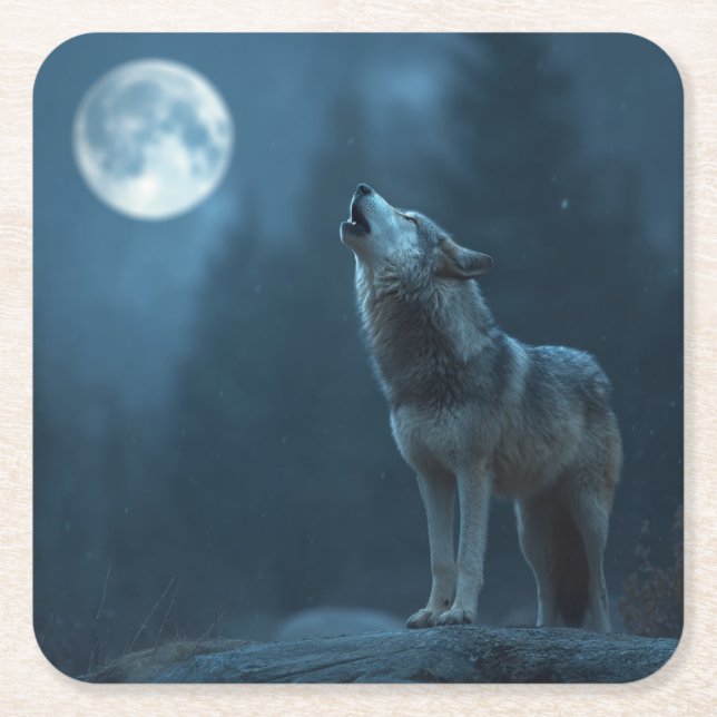 A Howling Wolf Square Paper Coaster (Front)