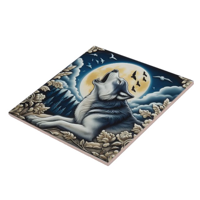 A Howling Wolf Under a Full Moon in a Serene Night Ceramic Tile (Side)