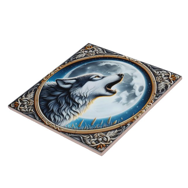 A Howling Wolf Under a Luminous Full Moon Ceramic Tile (Side)