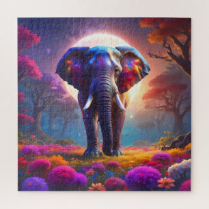 A huge Elephant walking on a path though flower Jigsaw Puzzle