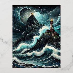 A huge ship crests a massive wave, its prow high i foil holiday postcard