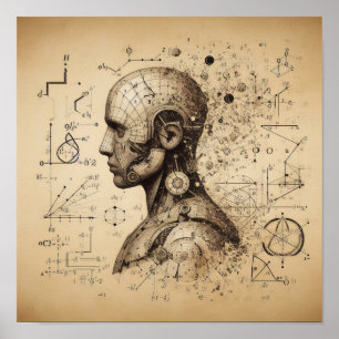 A humanoid superimposed on a data sheet poster
