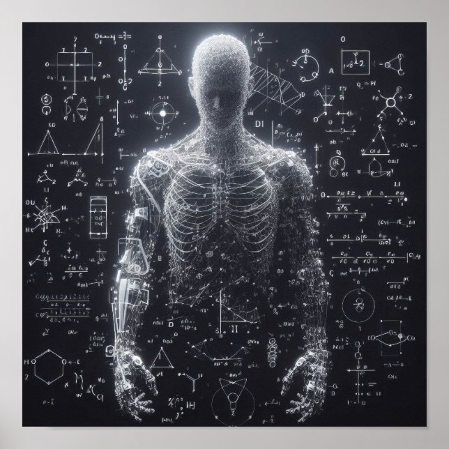 A humanoid superimposed on a data sheet poster (Front)
