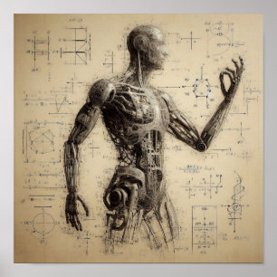A humanoid superimposed on a data sheet poster