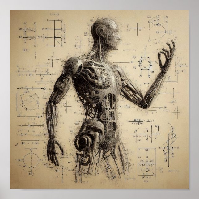 A humanoid superimposed on a data sheet poster (Front)