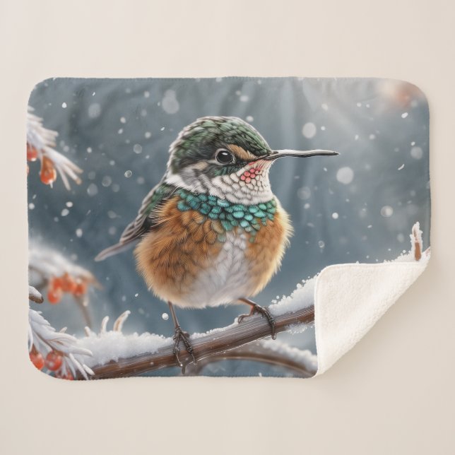 A hummingbird in the first snow of winter sherpa blanket (Front (Horizontal))