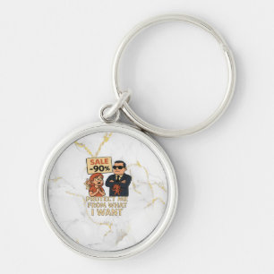 A humourous cartoon-style graphic key ring
