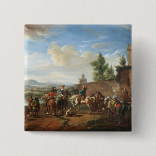 A Hunting Party by a Country House (oil on canvas) 15 Cm Square Badge