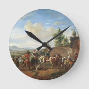 A Hunting Party by a Country House (oil on canvas) Round Clock