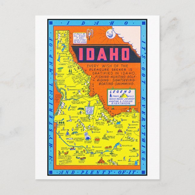 A Hysterical Retro Map of Idaho 1949 Holiday Postcard (Front)