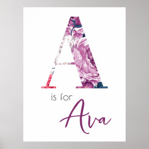 A is for Ava Baby Name Reveal Floral Vintage Girl Poster