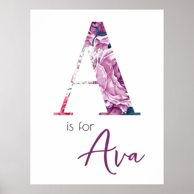 A is for Ava Baby Name Reveal Floral Vintage Girl Poster (Front)