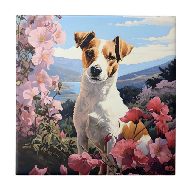 A Jack Russell Terrier's Floral Haven Ceramic Tile (Front)