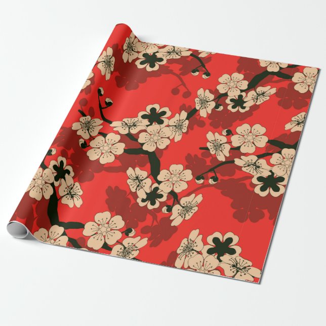 a Japanese style seamless tile with a cherry tree  Wrapping Paper (Unrolled)