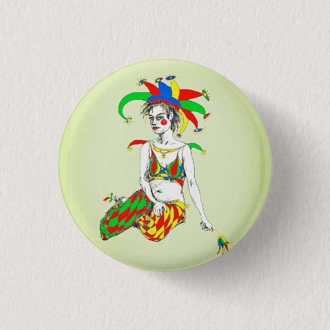 A jester 3 cm round badge (Front)