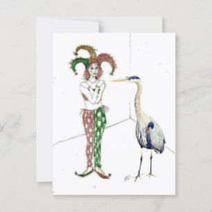 A jester and a blue heron postcard