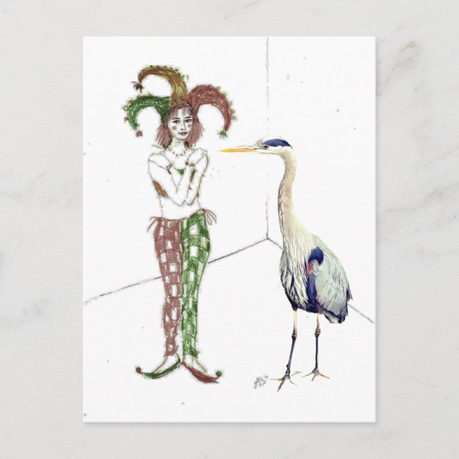 A jester and a blue heron postcard (Front)