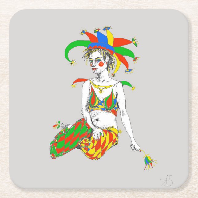 A jester square paper coaster (Front)