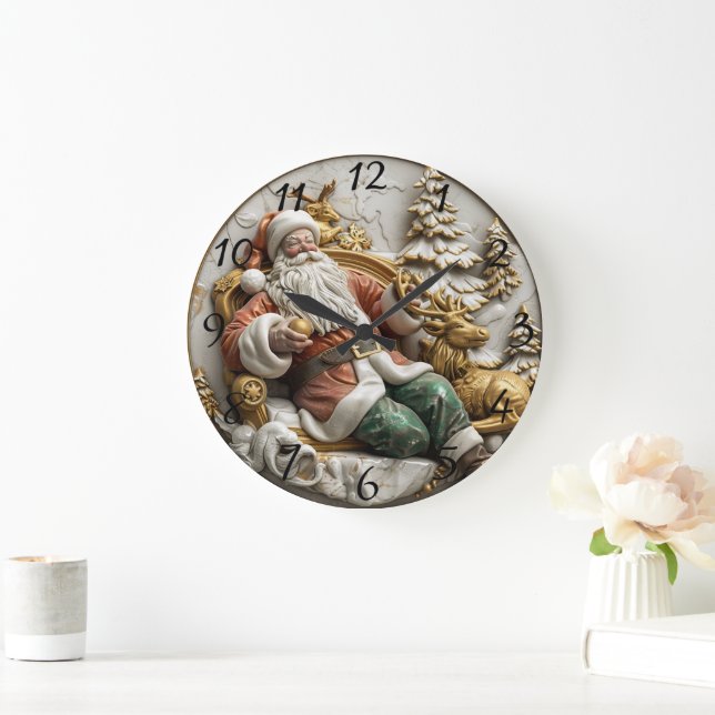 A jolly Santa Claus relaxing with his reindeer Large Clock (Home)