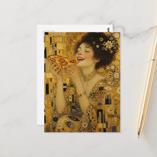 A Joyful Lady With Pizza Slice Postcard (Front/Back In Situ)