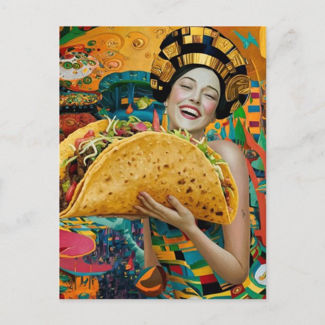 A Joyful Woman With Giant Taco Postcard (Front)