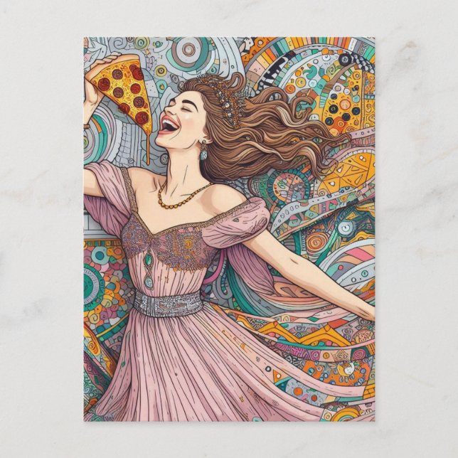A Joyful Woman With Pizza Postcard (Front)