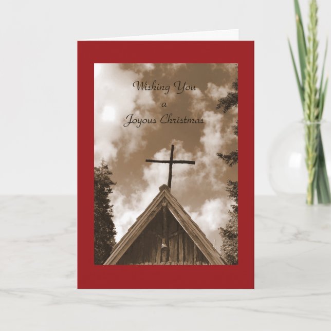 A Joyous Christmas , Old Country Church, Sepia Holiday Card (Front)