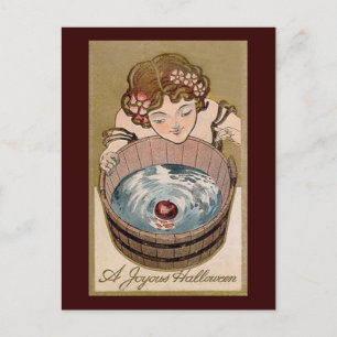 A Joyous Halloween Girl Bobbing For Apples Postcard